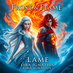 A dramatic book cover design for 'Frost & Flame' by Eira Ignatius, featuring an ice queen and a fire king in a captivating elemental fantasy scene