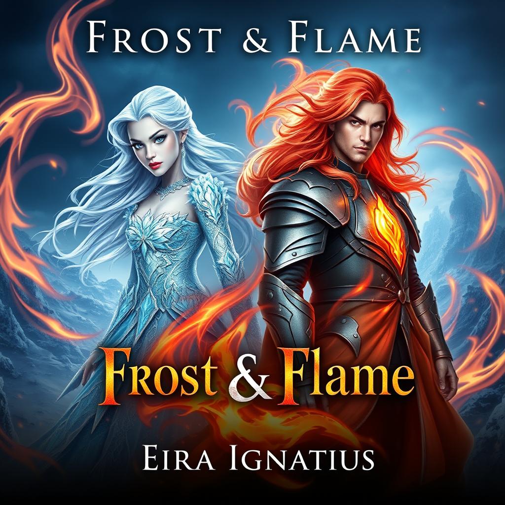 A dramatic book cover design for 'Frost & Flame' by Eira Ignatius, featuring an ice queen and a fire king in a captivating elemental fantasy scene