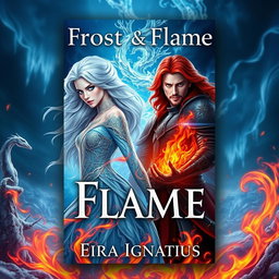 A dramatic book cover design for 'Frost & Flame' by Eira Ignatius, featuring an ice queen and a fire king in a captivating elemental fantasy scene
