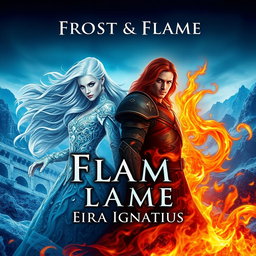 A dramatic book cover design for 'Frost & Flame' by Eira Ignatius, featuring an ice queen and a fire king in a captivating elemental fantasy scene