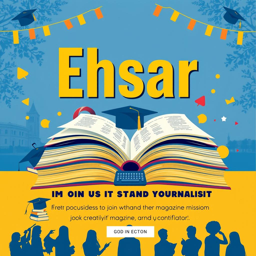 A vibrant and engaging poster for a student recruitment campaign for a magazine named 'Ehsar'