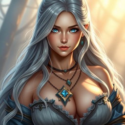 A beautiful Ukrainian cleric healer, depicted as a majestic girl with long ash grey hair and bright blue eyes