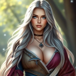 A beautiful Ukrainian cleric healer, depicted as a majestic girl with long ash grey hair and bright blue eyes
