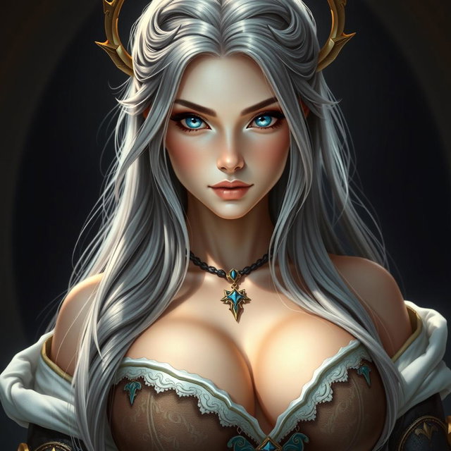 A beautiful Ukrainian cleric healer, depicted as a majestic girl with long ash grey hair and bright blue eyes