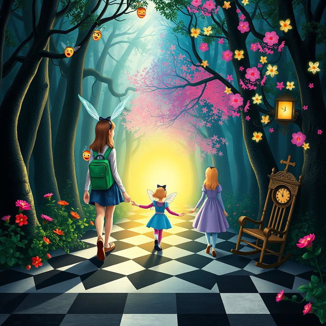 In the midst of an enchanted forest, one side features a dark, shadowy woodland while the other flourishes with vibrant, blooming colors