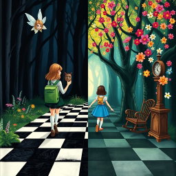 In the midst of an enchanted forest, one side features a dark, shadowy woodland while the other flourishes with vibrant, blooming colors
