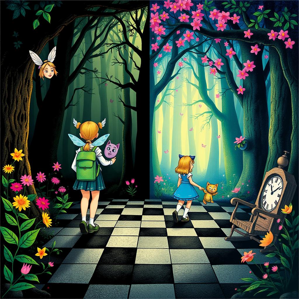 In the midst of an enchanted forest, one side features a dark, shadowy woodland while the other flourishes with vibrant, blooming colors