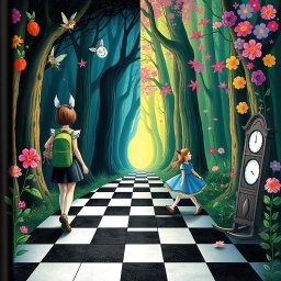 In the midst of an enchanted forest, one side features a dark, shadowy woodland while the other flourishes with vibrant, blooming colors