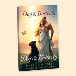 A captivating book cover design for 'Dog & Butterfly' by Mario Molinari, featuring a religious fantasy scene with a young woman and a strong young man standing together in a serene setting