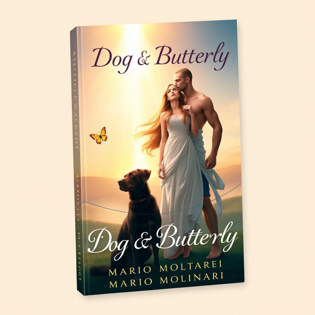 A captivating book cover design for 'Dog & Butterfly' by Mario Molinari, featuring a religious fantasy scene with a young woman and a strong young man standing together in a serene setting