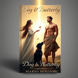 A captivating book cover design for 'Dog & Butterfly' by Mario Molinari, featuring a religious fantasy scene with a young woman and a strong young man standing together in a serene setting
