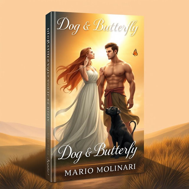 A captivating book cover design for 'Dog & Butterfly' by Mario Molinari, featuring a religious fantasy scene with a young woman and a strong young man standing together in a serene setting
