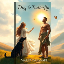 A captivating book cover design for 'Dog & Butterfly' by Mario Molinari, featuring a religious fantasy scene with a young woman and a strong young man standing together in a serene setting