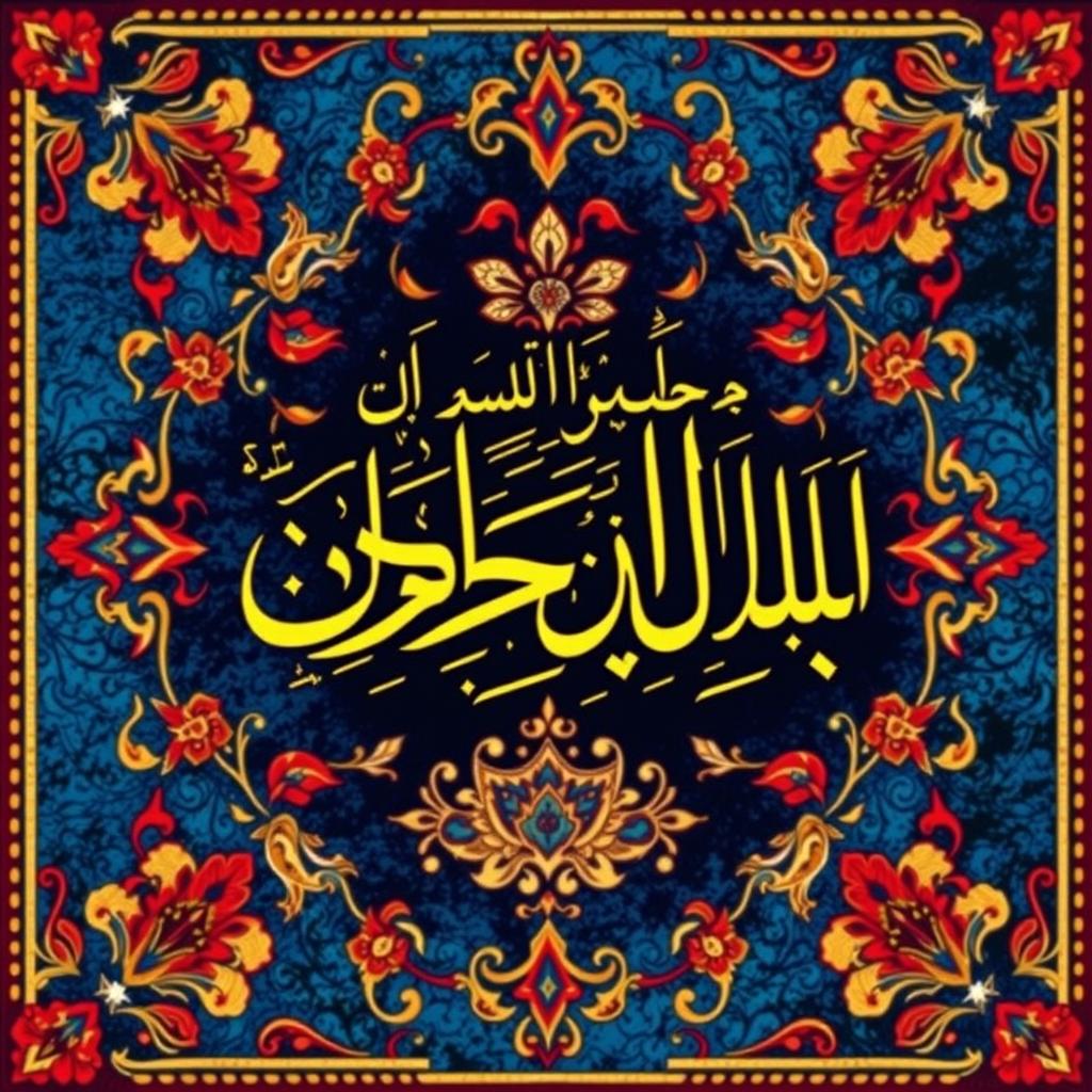 A vibrant and eye-catching poster featuring Persian calligraphy, beautifully illustrated with traditional Persian motifs such as paisley patterns and floral designs