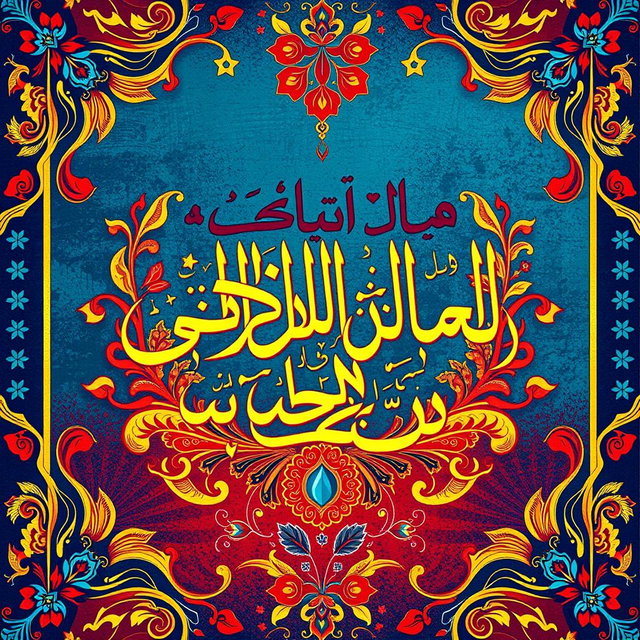 A vibrant and eye-catching poster featuring Persian calligraphy, beautifully illustrated with traditional Persian motifs such as paisley patterns and floral designs