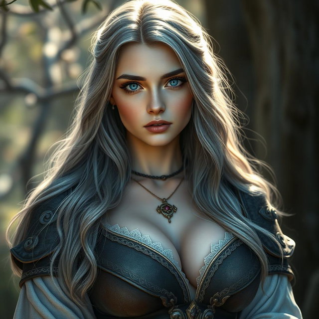A beautiful Ukrainian cleric healer, portrayed as an innocent and shy majestic girl with long ash grey hair and bright blue eyes
