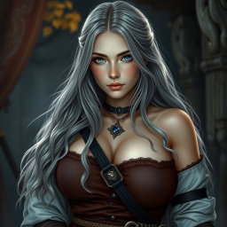A beautiful Ukrainian cleric healer, portrayed as an innocent and shy majestic girl with long ash grey hair and bright blue eyes