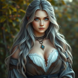 A beautiful Ukrainian cleric healer, portrayed as an innocent and shy majestic girl with long ash grey hair and bright blue eyes