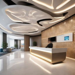 A grand office reception with parametric lighting casting beautiful patterns, advanced technology incorporated into the decor and a futuristic design.