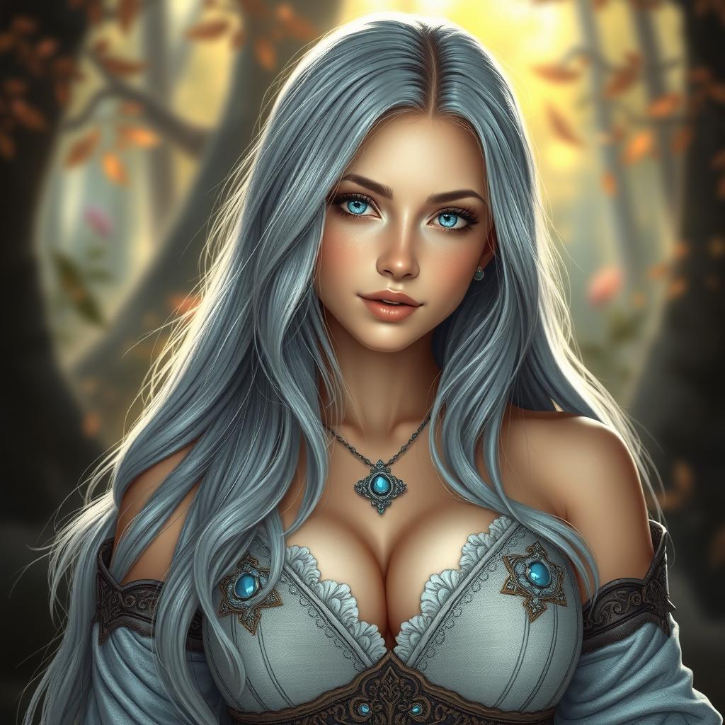 A beautiful Ukrainian cleric healer, portrayed as an innocent and shy majestic girl with long ash grey hair and bright blue eyes