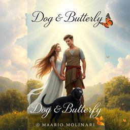 An enchanting book cover design for 'Dog & Butterfly' by Mario Molinari, set in a religious fantasy theme