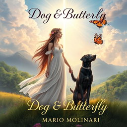 An enchanting book cover design for 'Dog & Butterfly' by Mario Molinari, set in a religious fantasy theme