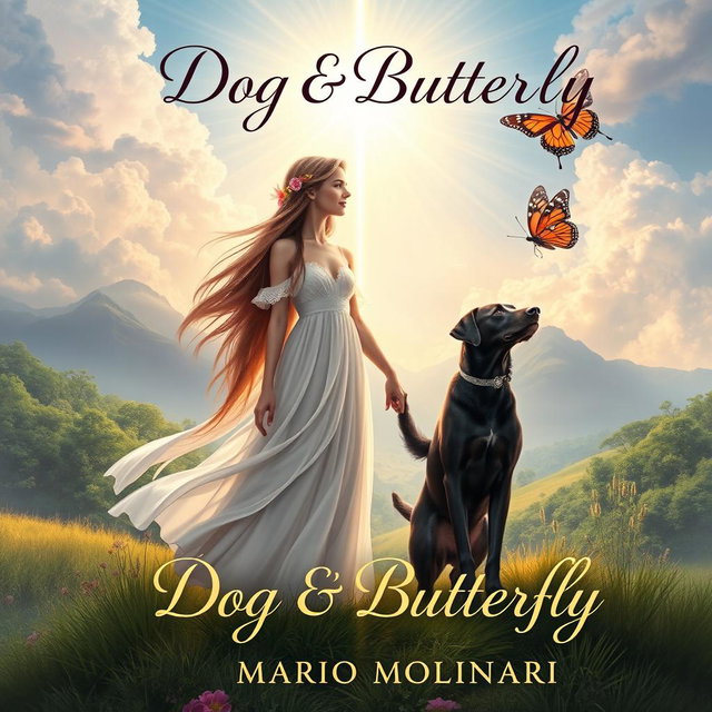 An enchanting book cover design for 'Dog & Butterfly' by Mario Molinari, set in a religious fantasy theme