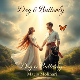 An enchanting book cover design for 'Dog & Butterfly' by Mario Molinari, set in a religious fantasy theme