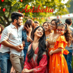 A romantic and joyful scene depicting a diverse group of friends celebrating in a vibrant outdoor setting