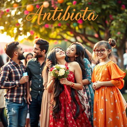 A romantic and joyful scene depicting a diverse group of friends celebrating in a vibrant outdoor setting