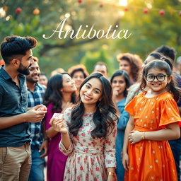 A romantic and joyful scene depicting a diverse group of friends celebrating in a vibrant outdoor setting