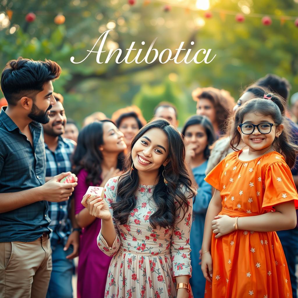 A romantic and joyful scene depicting a diverse group of friends celebrating in a vibrant outdoor setting