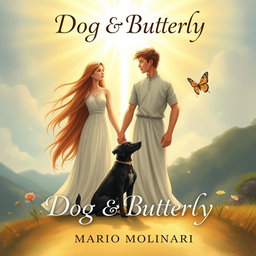 An enchanting book cover design for 'Dog & Butterfly' by Mario Molinari, illustrated with a religious fantasy theme