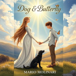 An enchanting book cover design for 'Dog & Butterfly' by Mario Molinari, illustrated with a religious fantasy theme
