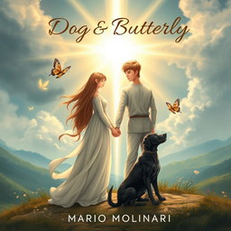 An enchanting book cover design for 'Dog & Butterfly' by Mario Molinari, illustrated with a religious fantasy theme