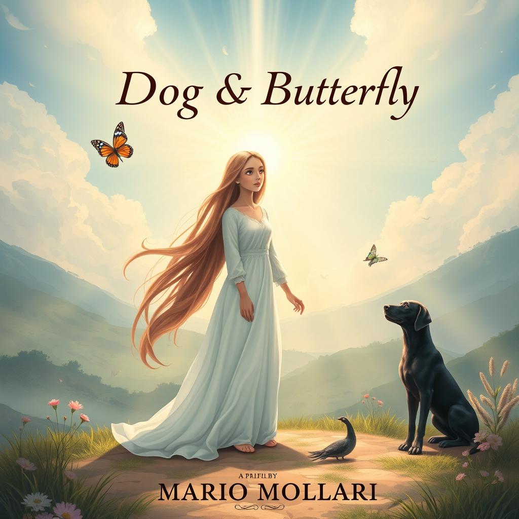 An enchanting book cover design for 'Dog & Butterfly' by Mario Molinari, illustrated with a religious fantasy theme