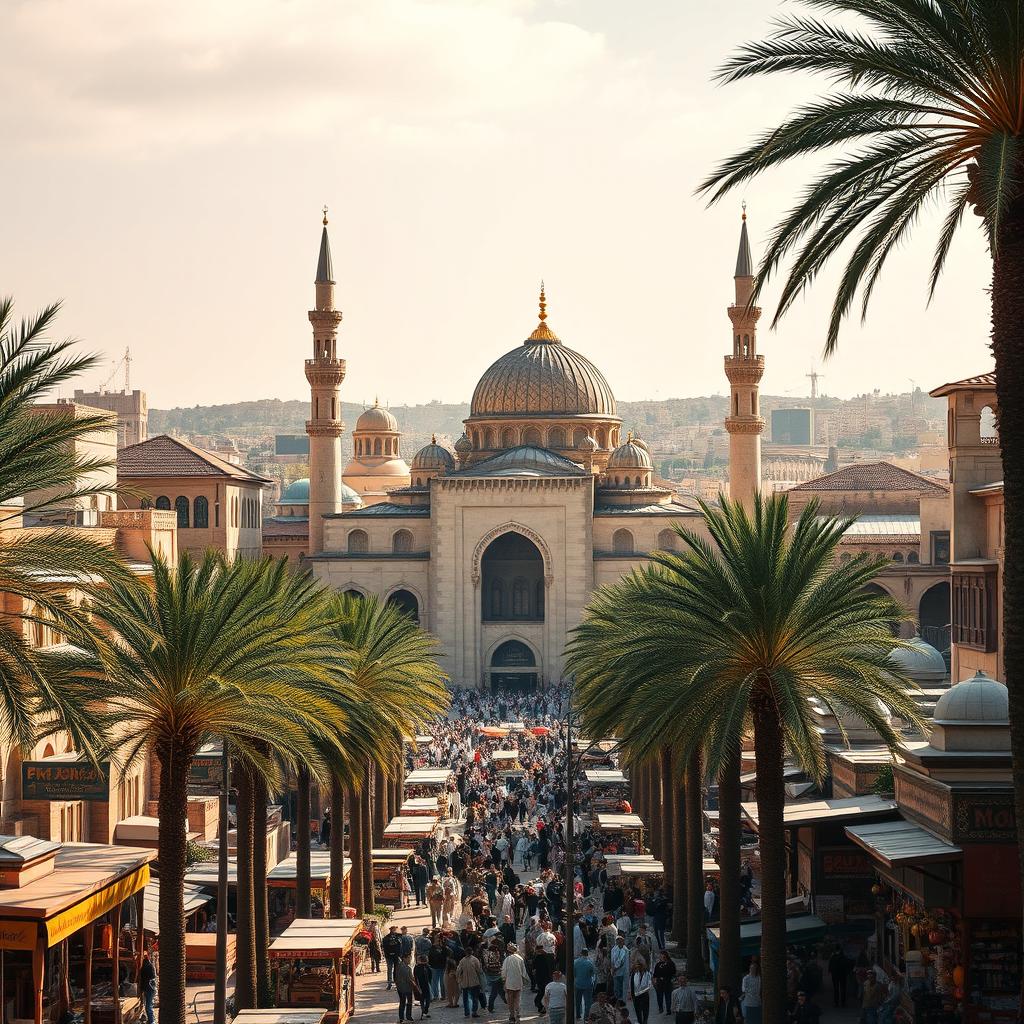 A scenic view of an Arab city showcasing stunning Umayyad architecture with magnificent buildings and ornate domes