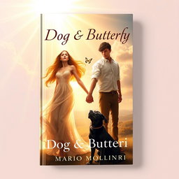 A mesmerizing book cover design for 'Dog & Butterfly' by Mario Molinari, set in a religious fantasy theme