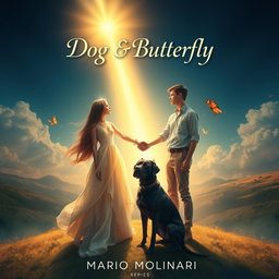 A mesmerizing book cover design for 'Dog & Butterfly' by Mario Molinari, set in a religious fantasy theme