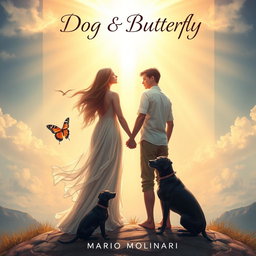 A mesmerizing book cover design for 'Dog & Butterfly' by Mario Molinari, set in a religious fantasy theme
