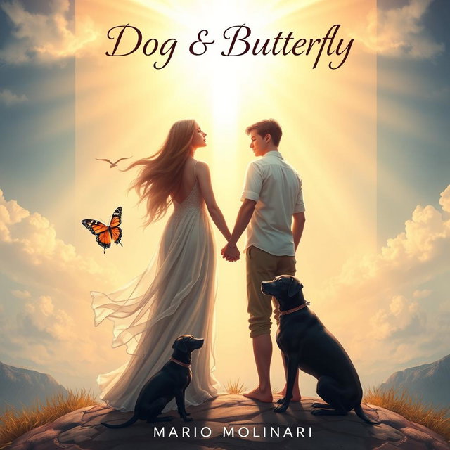 A mesmerizing book cover design for 'Dog & Butterfly' by Mario Molinari, set in a religious fantasy theme
