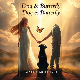 A mesmerizing book cover design for 'Dog & Butterfly' by Mario Molinari, set in a religious fantasy theme