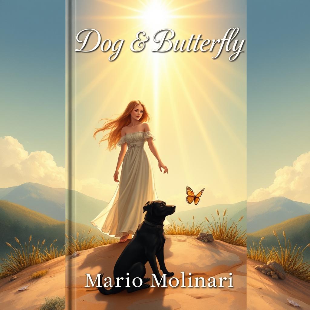 A captivating book cover design for 'Dog & Butterfly' by Mario Molinari, illustrated with a religious fantasy theme
