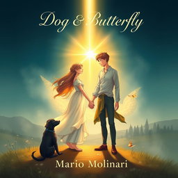 A captivating book cover design for 'Dog & Butterfly' by Mario Molinari, illustrated with a religious fantasy theme