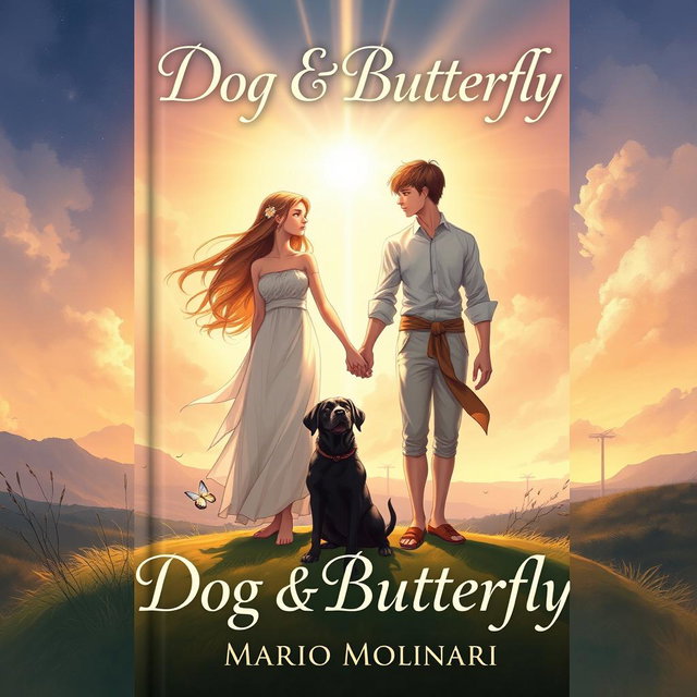 A captivating book cover design for 'Dog & Butterfly' by Mario Molinari, illustrated with a religious fantasy theme