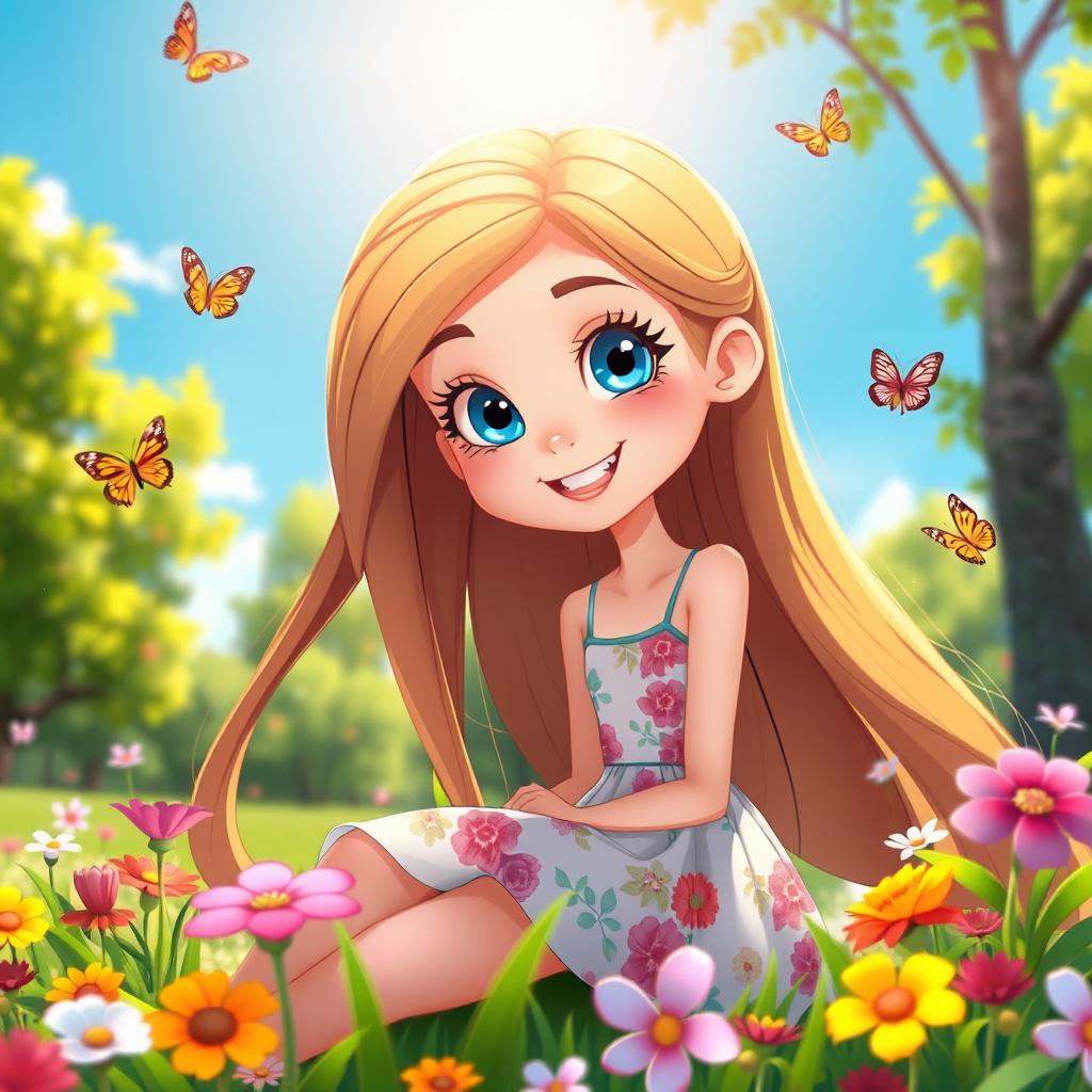 A beautiful cartoon girl with long flowing hair, bright blue eyes, and a playful smile, wearing a stylish summer dress adorned with floral patterns