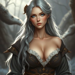 A beautiful Ukrainian sun cleric healer, depicted as a kind and majestic girl with long ash grey hair and very bright blue eyes