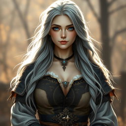 A beautiful Ukrainian sun cleric healer, depicted as a kind and majestic girl with long ash grey hair and very bright blue eyes