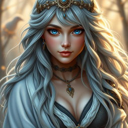 A beautiful Ukrainian sun cleric healer, depicted as a kind and majestic girl with long ash grey hair and very bright blue eyes
