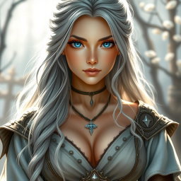 A beautiful Ukrainian sun cleric healer, depicted as a kind and majestic girl with long ash grey hair and very bright blue eyes